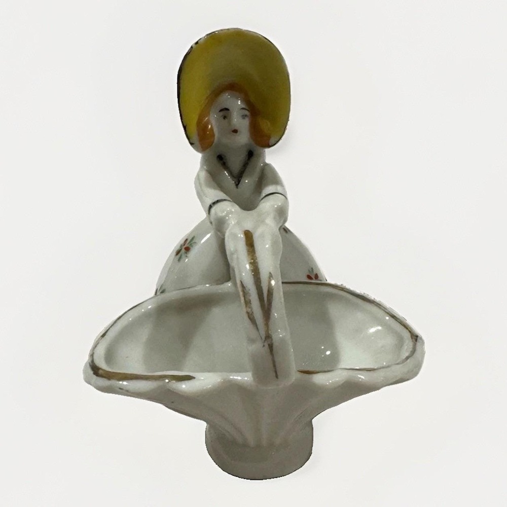 Vintage Nippon Japan Glazed Porcelain Woman with Basket Figurine 3 1/4" Tall